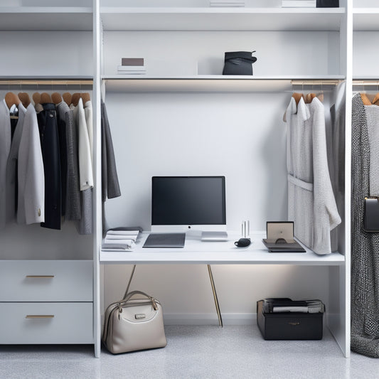 A minimalist, modern closet with a sleek, silver laptop on a marble countertop, surrounded by neatly organized clothes, shoes, and accessories, with a digital planner open on the screen.