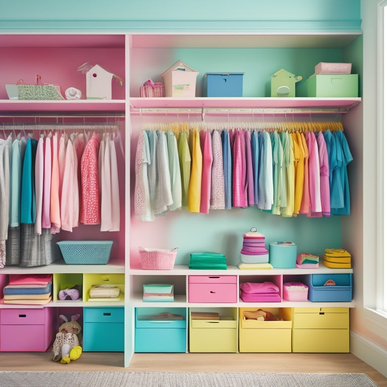 A brightly lit, clutter-free kid's closet with pastel-colored bins, a wooden shelf with stacked books, and a hanging rod with colorful outfits, surrounded by a soft, white background.