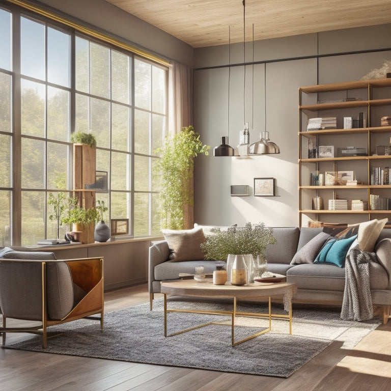 A modern living room with a floor-to-ceiling, asymmetrical shelving unit featuring reclaimed wood, metallic accents, and varying shelf depths, surrounded by minimalist decor and a large window with natural light.