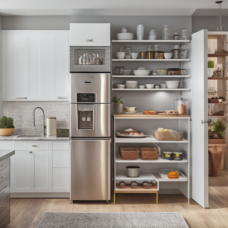 A clutter-free, modern kitchen with a compact refrigerator in the corner, surrounded by clever storage solutions, including a slide-out spice rack, hanging utensils, and a retractable shelf.