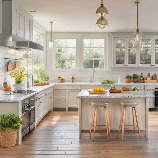 A stylish, clutter-free kitchen with a mix of refurbished and new countertops, featuring a butcher-block island, concrete peninsula, and sleek quartz surround, amidst a warm, natural light-filled atmosphere.