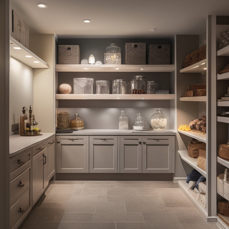 A dimly lit basement transforms into a bright, organized space with custom shelving, cabinets, and slatwall panels in a calming gray and white color scheme, with cleverly hidden storage nooks and LED lighting.