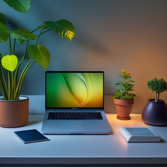 A minimalist desk with a sleek laptop, a small potted plant, and a tidy stack of color-coded folders, surrounded by a subtle glow, conveying organization and efficiency.