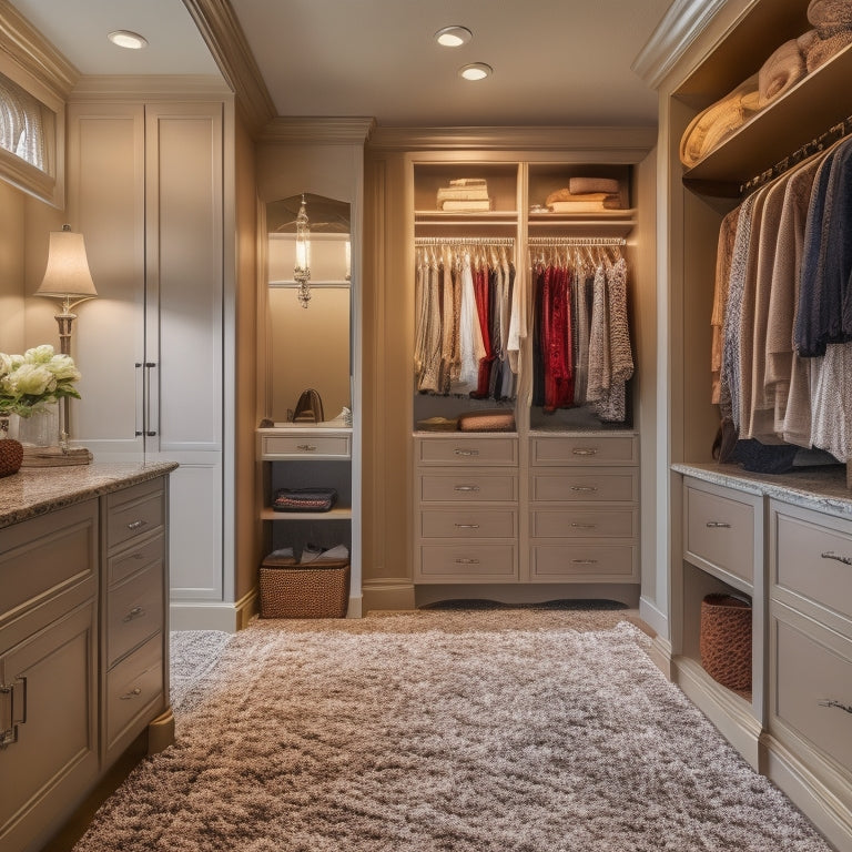 A serene, well-lit walk-in closet with dark wood cabinetry, soft cream-colored walls, and a plush area rug, featuring a central island with a built-in bench and a floor-to-ceiling shoe rack.