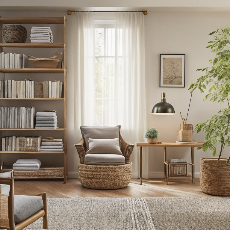 A serene, clutter-free living room with a minimalist wooden desk, a woven basket filled with neatly rolled towels, and a floor-to-ceiling bookshelf with perfectly aligned, spine-out books.