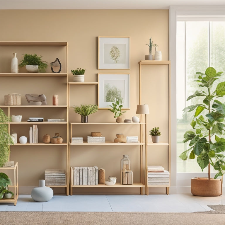 A serene, clutter-free living room with 5-7 sleek, minimalist shelving units in various shapes and sizes, holding neatly arranged books, decorative items, and plants, against a soft, creamy background.