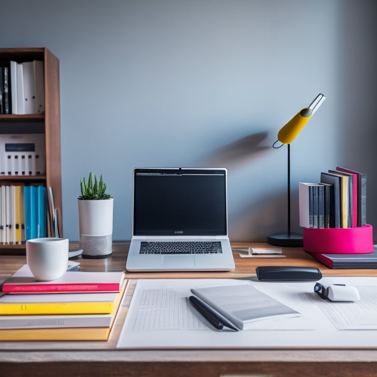 A minimalist desk with a laptop, a tidy stack of colorful files, and a few choice office supplies, surrounded by a subtle background of blurred bookshelves and faint organizational charts.