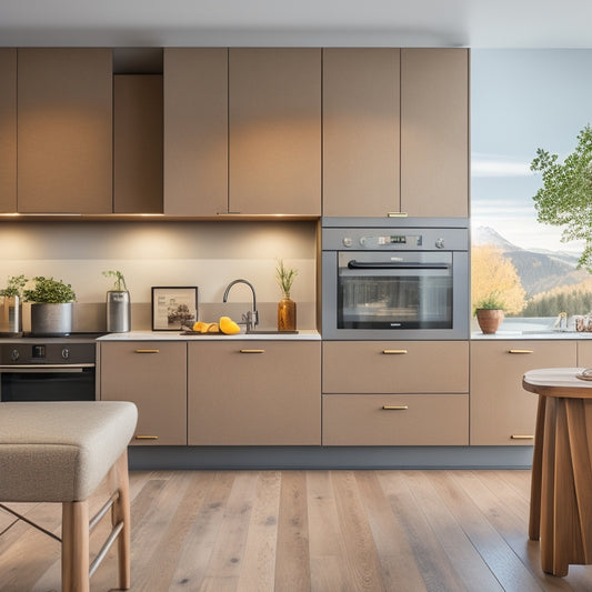 A sleek, modern kitchen with floor-to-ceiling sliding cabinets in a soft, matte gray finish, contrasting with warm, honey-toned wood accents and a minimalist, LED-lit backsplash.