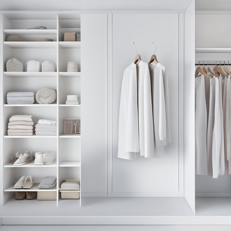 A serene, minimalist closet interior with sleek, white shelves, and a few, carefully chosen garments hanging from slim, silver hangers, surrounded by soft, warm lighting and a subtle, pastel background.