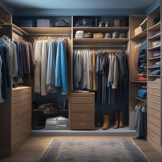 A cluttered walk-in closet with clothes scattered on the floor, contrasted with a clean and organized closet design on a computer screen, showcasing a 3D visualization of a customized storage system.