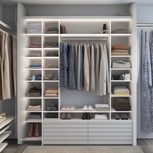 A tidy, modern closet with a large, wall-mounted digital screen displaying a virtual closet organizer app, surrounded by sleek shelves and rods holding neatly arranged clothes and accessories.