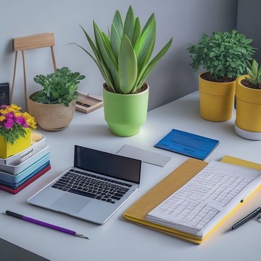 A tidy, minimalist desk with a laptop, a planner, and a set of colorful pens, surrounded by a few carefully placed sticky notes, a small potted plant, and a wire inbox with neatly labeled folders.