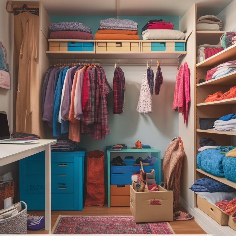 A tidy college dorm closet with a laptop open on a shelf, surrounded by organized clothing items and storage bins, with a color-coded calendar on the wall.