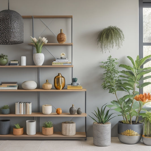 A clutter-free, modern living room with sleek, wall-mounted shelves in a geometric pattern, holding a few decorative vases, books, and a potted plant, against a light-gray background.