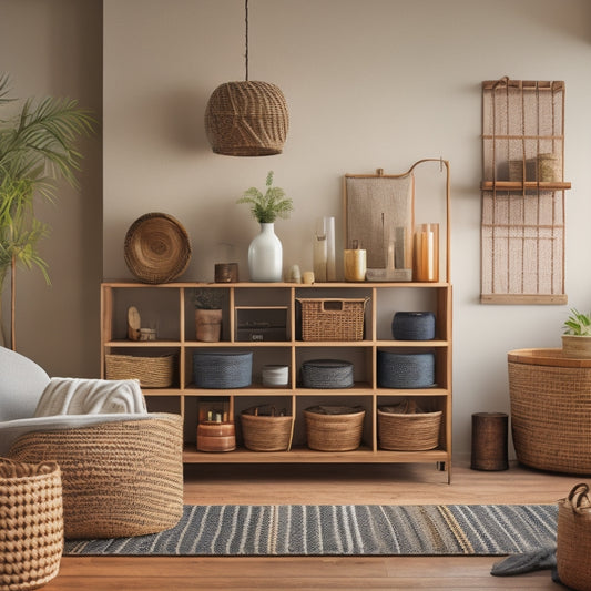 A stylized, minimalist illustration of a tidy living room with a mix of rustic and modern storage solutions, featuring woven baskets, wooden crates, and repurposed vintage items.