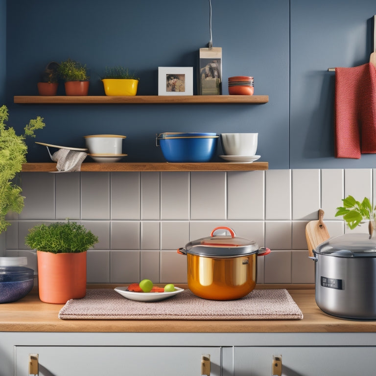 A tidy, modern kitchen countertop with a few cookbooks and a small potted plant, featuring a sleek, wall-mounted lid organizer holding various sizes of colorful pot lids.