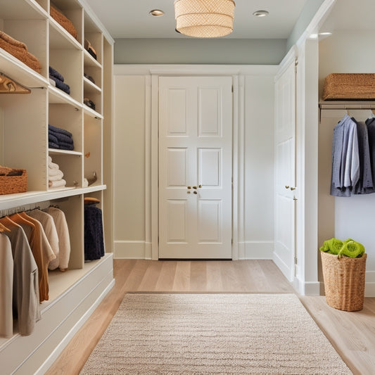 A bright, airy walk-in closet with creamy white walls, dark wood floors, and a vaulted ceiling, featuring a custom shelving system, hanging rods at varying heights, and a plush area rug.