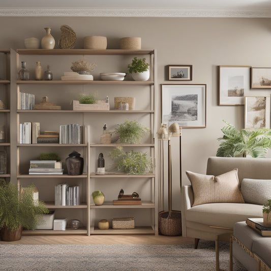 A cozy living room with a wall-mounted, asymmetrical shelving unit featuring five rectangular shelves in varying sizes, each holding decorative vases, books, and framed photos, against a soft, creamy background.