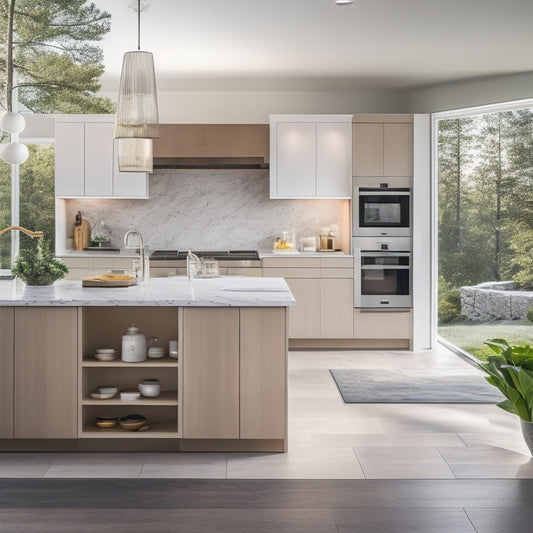 A serene, modern kitchen with a large island featuring built-in shelves, drawers, and a cooktop, surrounded by a stylish peninsula with a waterfall countertop and sleek cabinetry.