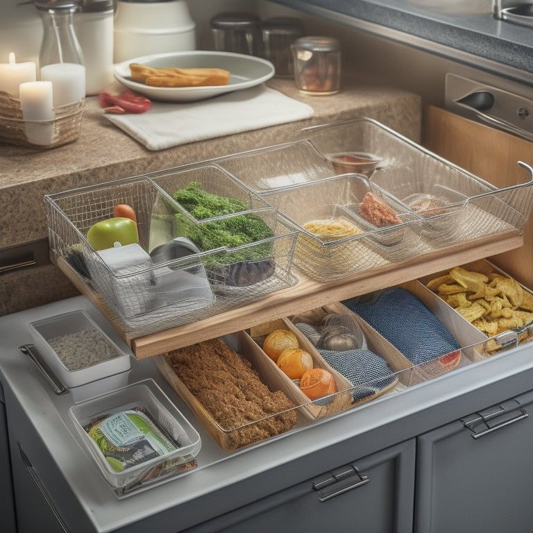 A cluttered kitchen drawer overflowing with food items, contrasted with a tidy, organized drawer featuring adjustable dividers, baskets, and containers, showcasing a variety of food storage solutions.