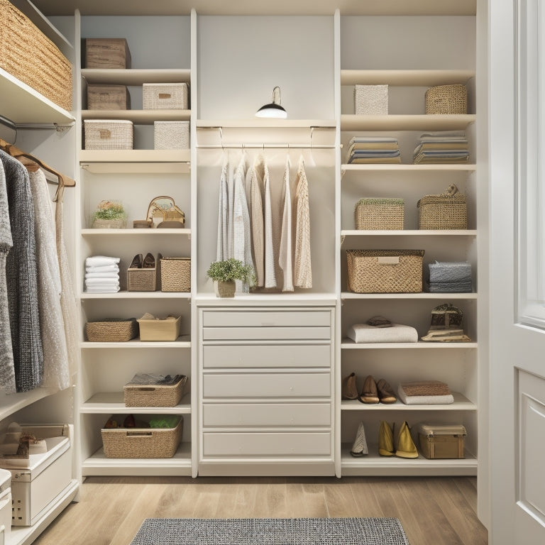 A tidy, well-lit reach-in closet with a mix of shelves, drawers, and rods, showcasing various organization systems such as baskets, bins, and dividers in a calming, neutral color scheme.