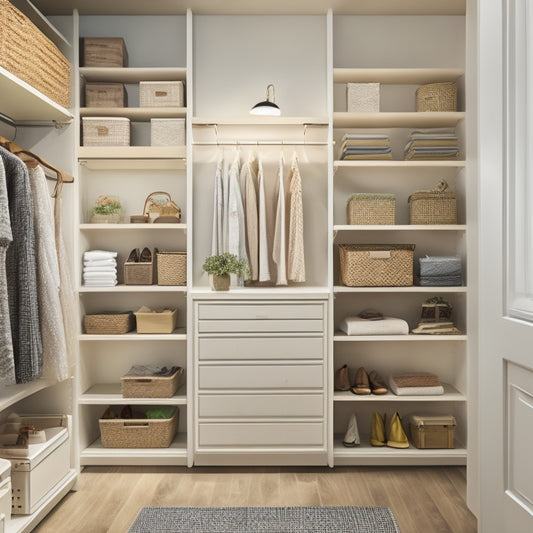 A tidy, well-lit reach-in closet with a mix of shelves, drawers, and rods, showcasing various organization systems such as baskets, bins, and dividers in a calming, neutral color scheme.