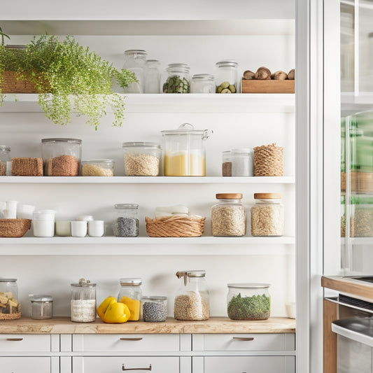 A bright, modern pantry with sleek white shelves, crisp glass jars, and a marble countertop, surrounded by warm wood accents and a few potted herbs, illuminated by soft natural light.