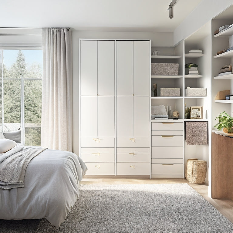 A bright, modern bedroom with a floor-to-ceiling Easyclosets system, featuring soft-close drawers, shelves, and a double-hang rod, surrounded by a calming neutral color palette and natural light.