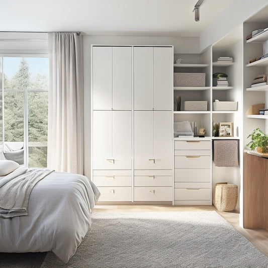 A bright, modern bedroom with a floor-to-ceiling Easyclosets system, featuring soft-close drawers, shelves, and a double-hang rod, surrounded by a calming neutral color palette and natural light.