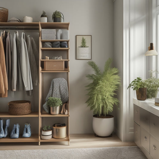 A serene, well-lit closet with sleek shelves, neatly stacked boxes, and a clothes rack with a few stylish outfits, surrounded by minimalist decor and a few potted plants.