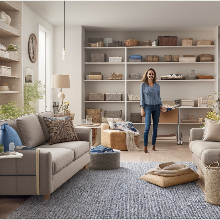 A serene, clutter-free living room with a few strategically placed, labeled storage bins, and a calm, smiling professional organizer in the background, surrounded by organized shelves and a tidy floor.