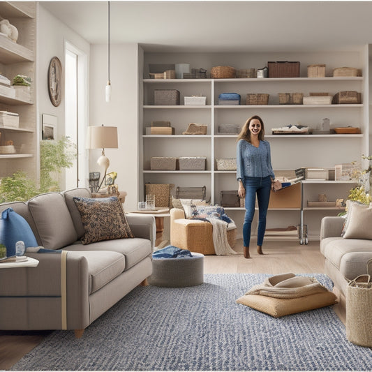 A serene, clutter-free living room with a few strategically placed, labeled storage bins, and a calm, smiling professional organizer in the background, surrounded by organized shelves and a tidy floor.
