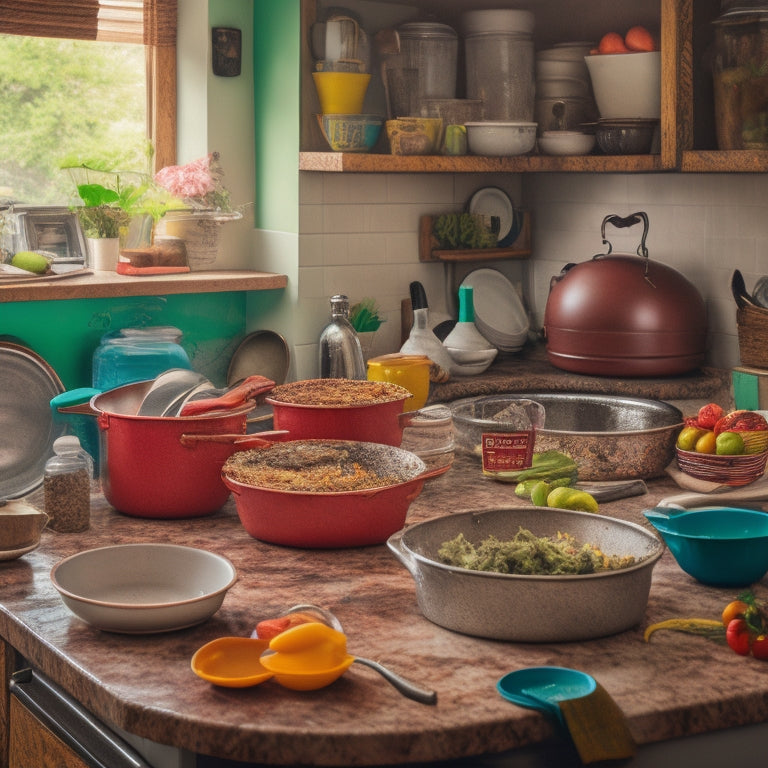 A messy kitchen with cluttered countertops, piled-high dirty dishes, and open cabinets revealing disorganized cookware, surrounded by a subtle background of chaos and disarray, with a single, spotless clean sink.