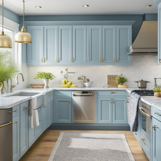 A bright, airy kitchen with refinished cabinets, new hardware, and updated lighting, featuring a mix of high-gloss and matte finishes, with a few strategically placed decorative accessories.