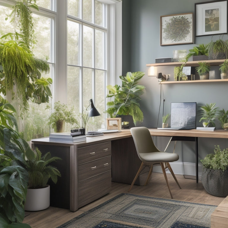 A serene, well-lit home office with a custom-built desk, neatly labeled storage bins, and a tablet displaying a personalized organization app, surrounded by lush green plants and a few stylish decorative items.