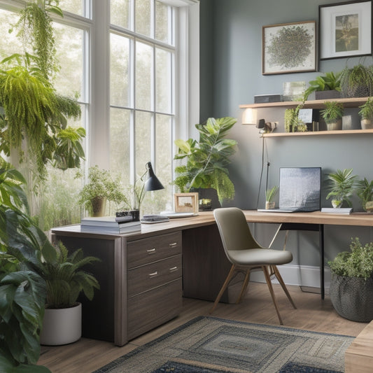 A serene, well-lit home office with a custom-built desk, neatly labeled storage bins, and a tablet displaying a personalized organization app, surrounded by lush green plants and a few stylish decorative items.