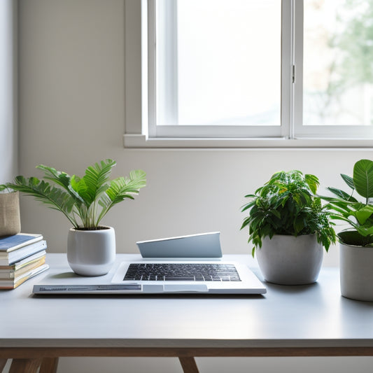 A serene minimalist workspace with a laptop, a few select books, and a small potted plant, surrounded by empty white space, conveying a sense of calm and organization.