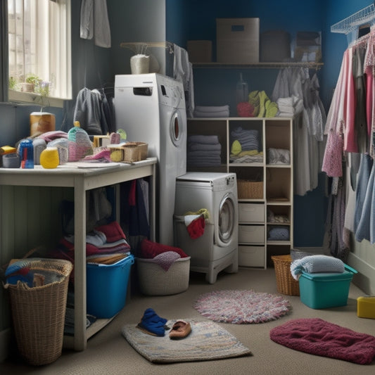 A cluttered laundry room with a messy floor, surrounded by dirty clothes and scattered cleaning supplies, contrasted with a tidy corner featuring a compact step stool with a slide-out storage compartment.