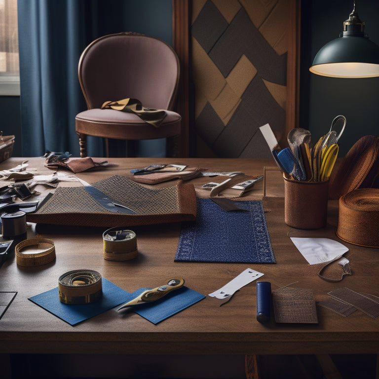 A tidy, well-lit workspace with a large, open PDF pattern sprawled across a wooden cutting mat, surrounded by precision-cut fabric pieces, scissors, and a tape measure.