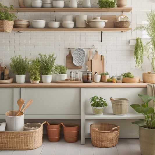 A clutter-free kitchen countertop with a mix of open shelving, woven baskets, and a few ceramic canisters in a neutral color palette, surrounded by a few utensils and a small potted herb plant.