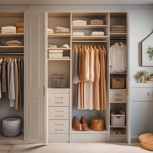 A serene, well-lit closet with neutral-colored walls, featuring a mix of shelves, rods, and bins, showcasing a harmonious balance of storage and empty space.