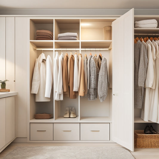 A serene, minimalist closet interior with soft, warm lighting, featuring a mix of open shelving and closed cabinets in a calming white and wood tone color scheme, with neatly arranged clothing and accessories.