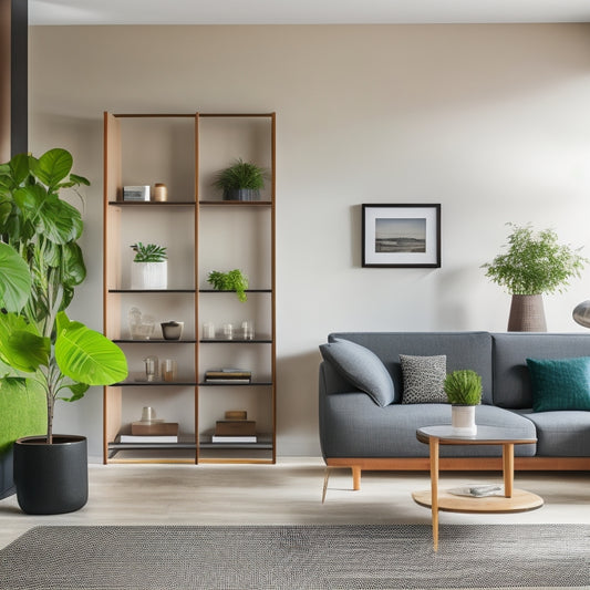 A modern living room with a sleek, floor-to-ceiling room divider featuring built-in shelves, hooks, and a storage cabinet, surrounded by a minimalist sofa, a small side table, and a potted plant.