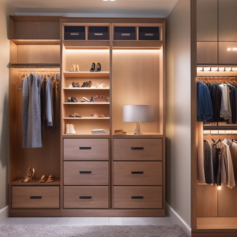 A modern closet with sleek, floor-to-ceiling cabinets in a warm wood tone, featuring soft-close drawers, adjustable shelves, and a built-in shoe rack, illuminated by a string of fairy lights.