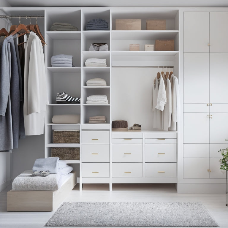 A serene, well-lit closet interior with sleek, white shelves, matching drawers, and a minimalist clothing rail, showcasing a few, neatly hung outfits and a few pairs of shoes, all arranged in perfect harmony.