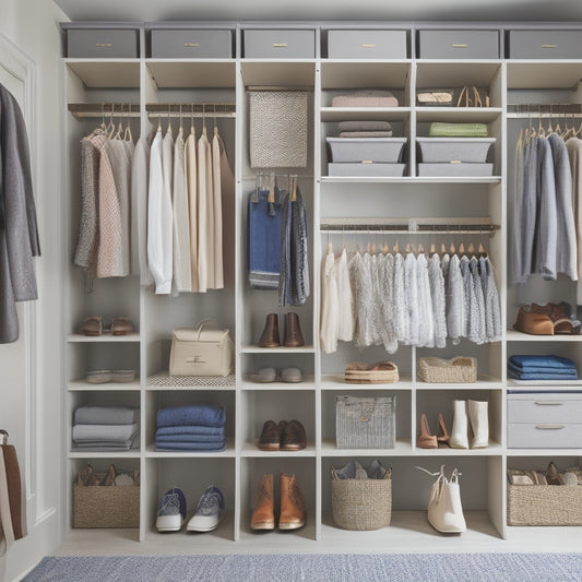 A serene, well-organized closet with a mix of open shelving and closed storage, featuring a hanging organizer with pockets, a shoe rack, and a few neatly arranged clothing items.