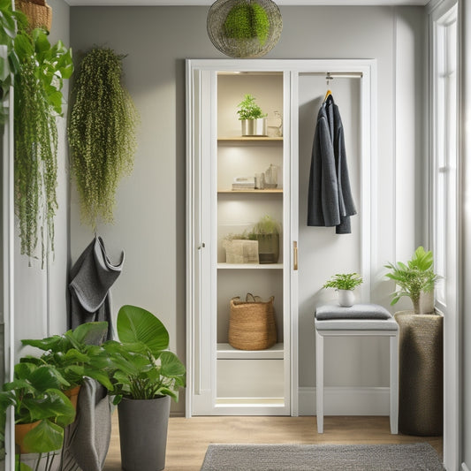 A bright, organized hallway closet with a soft-close sliding door, adjustable shelves, and a built-in shoe rack, illuminated by a stylish pendant light and a few decorative plants.