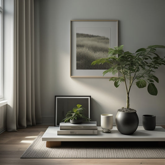 A serene, naturally-lit room with a minimalist aesthetic: a few curated books on a sleek, low-profile shelf, a small potted plant, and a sparse, monochromatic rug on polished hardwood floors.
