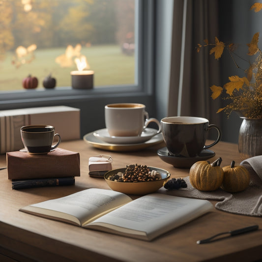 A serene autumnal scene featuring a tidy desk with a planner, a steaming cup of coffee, and a few fallen leaves, surrounded by a calm and organized living room with a few wrapped gifts.