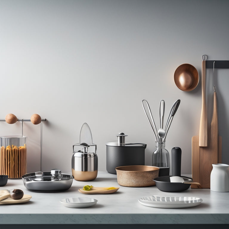 A tidy kitchen counter with a few strategically placed, compact utensil holders in a sleek, modern design, holding a curated selection of frequently used kitchen tools, surrounded by ample negative space.